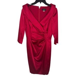 Tahari Arthur Levine Red Satin Drape Neck 3/4 Sleeve Sheath Dress Size 8